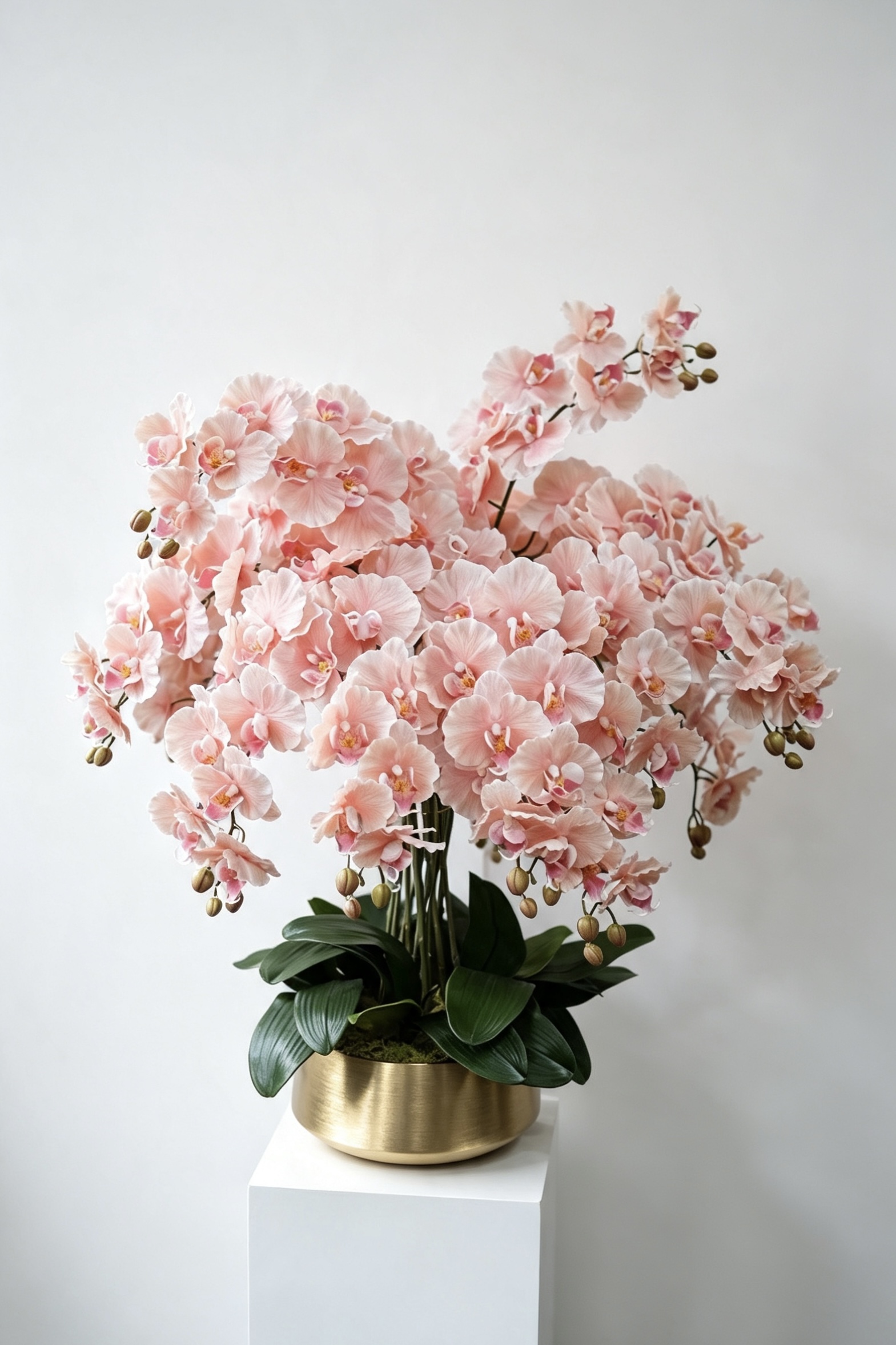 Aurelia grand blush pink sixteen-stem silk orchid arrangement in a gold pot