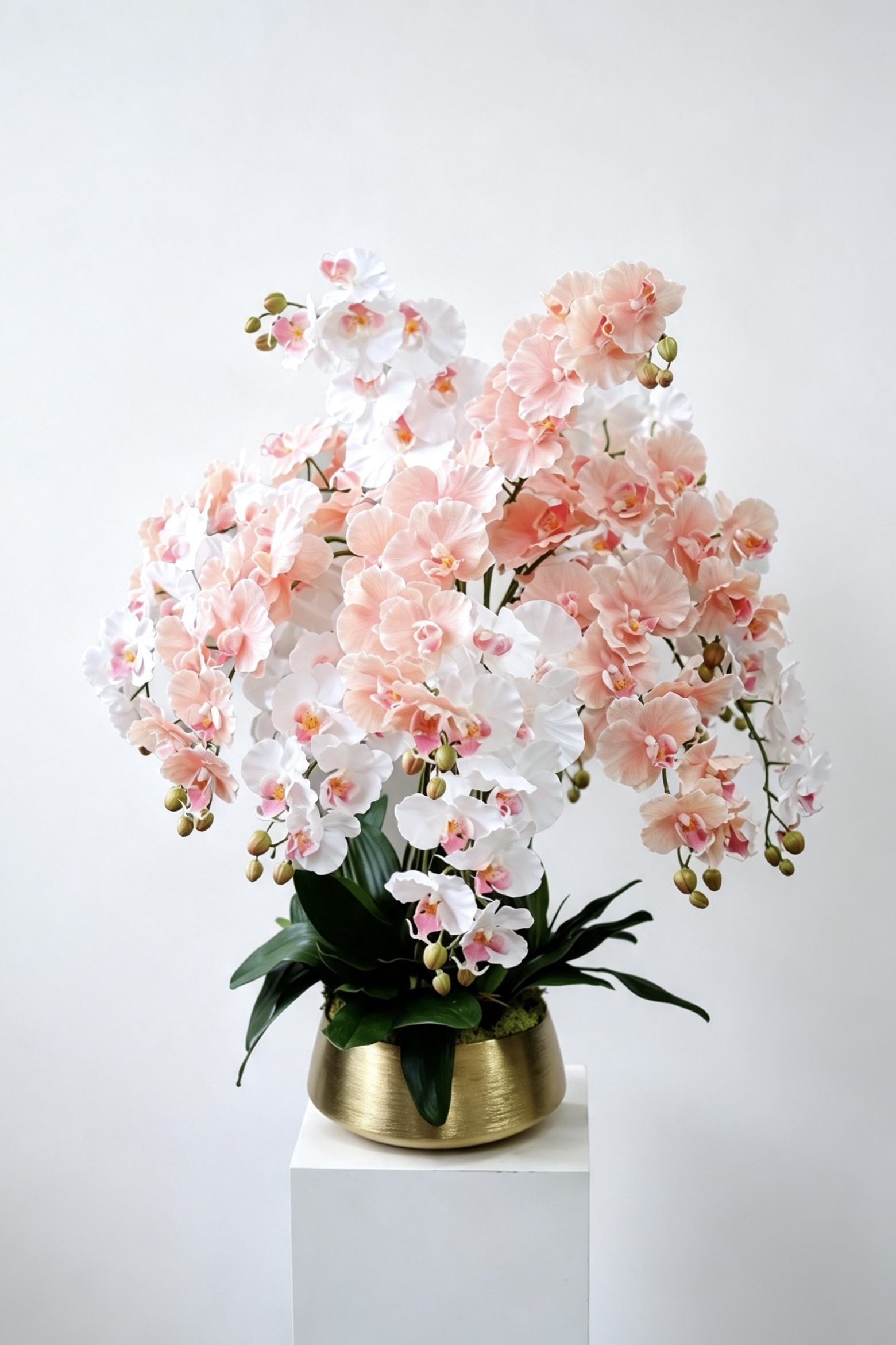Aurelia grand blush and white sixteen-stem silk orchid arrangement in a gold pot