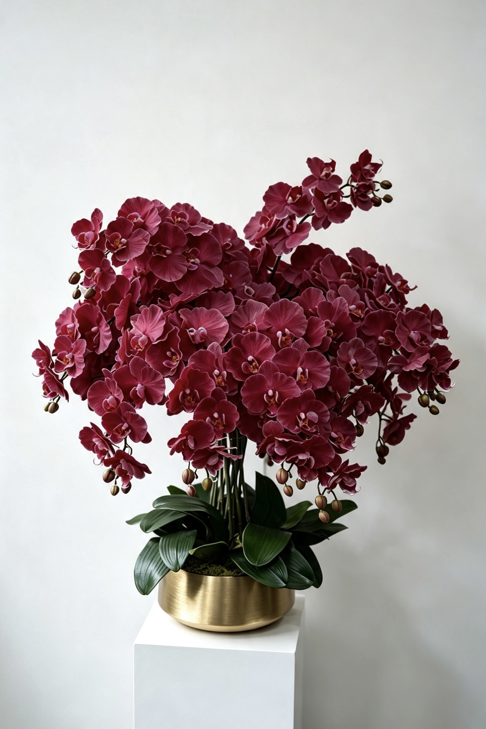 Aurelia grand burgundy sixteen-stem silk orchid arrangement in a gold pot