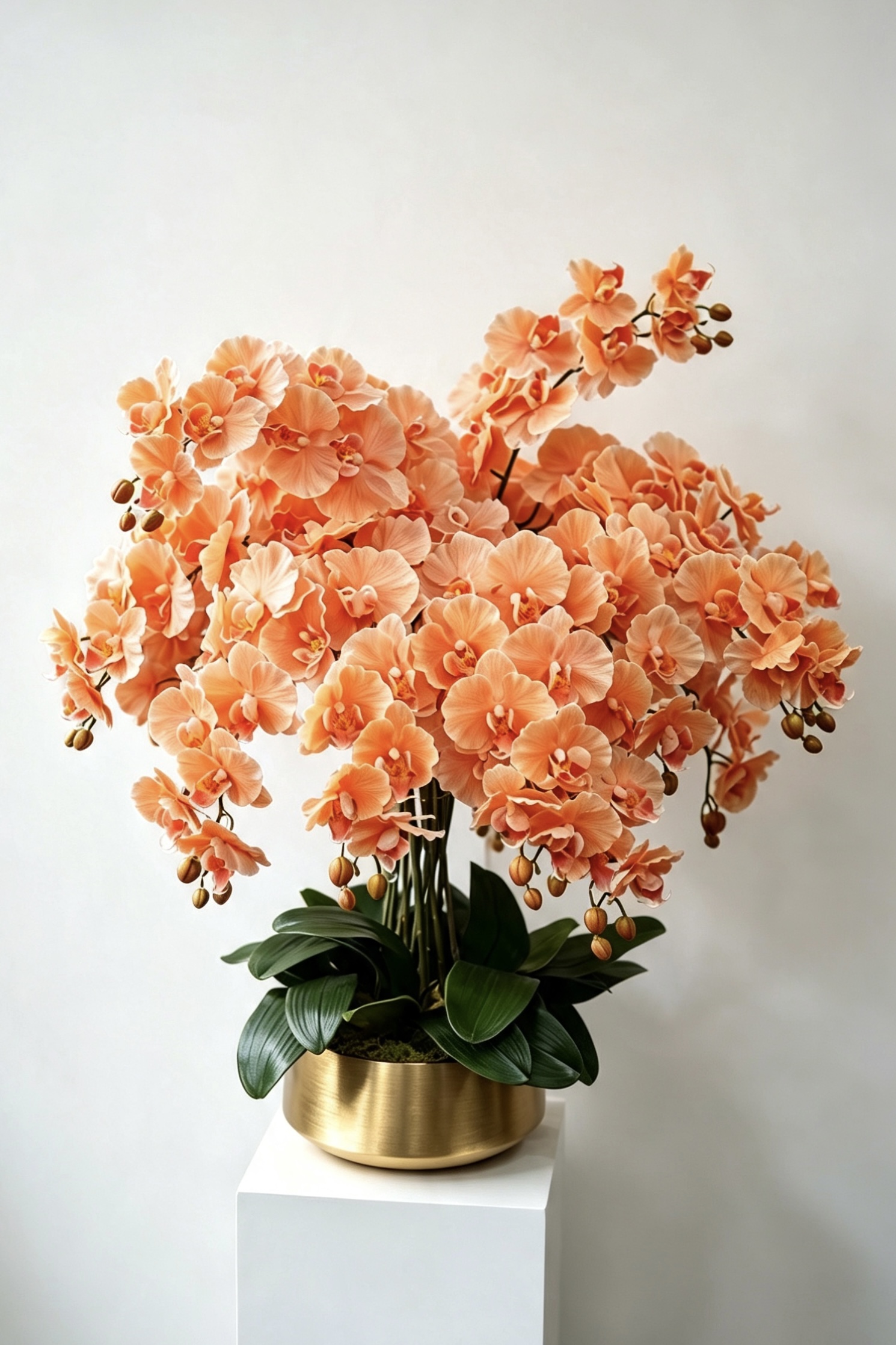 Aurelia grand orange sixteen-stem silk orchid arrangement in a gold pot