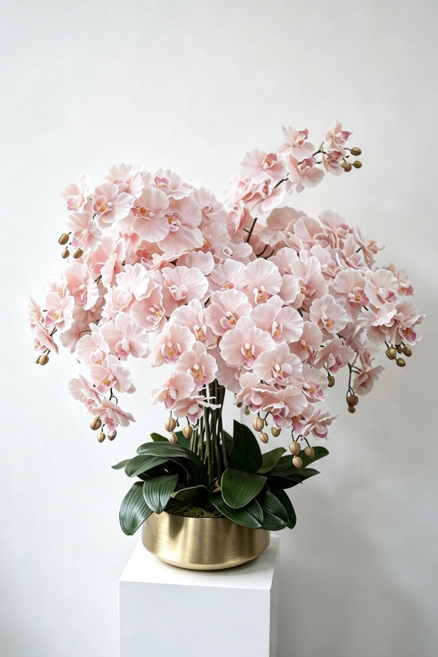 Aurelia grand soft pink sixteen-stem silk orchid arrangement in a gold pot