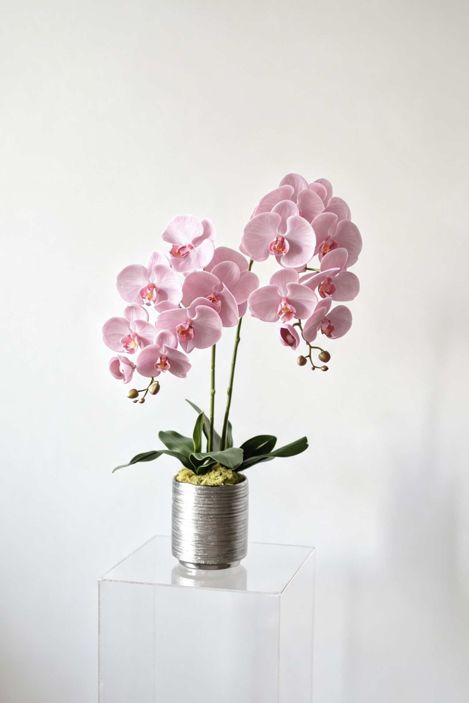 Luna blush pink two-stem silk orchid arrangement in a silver ceramic pot