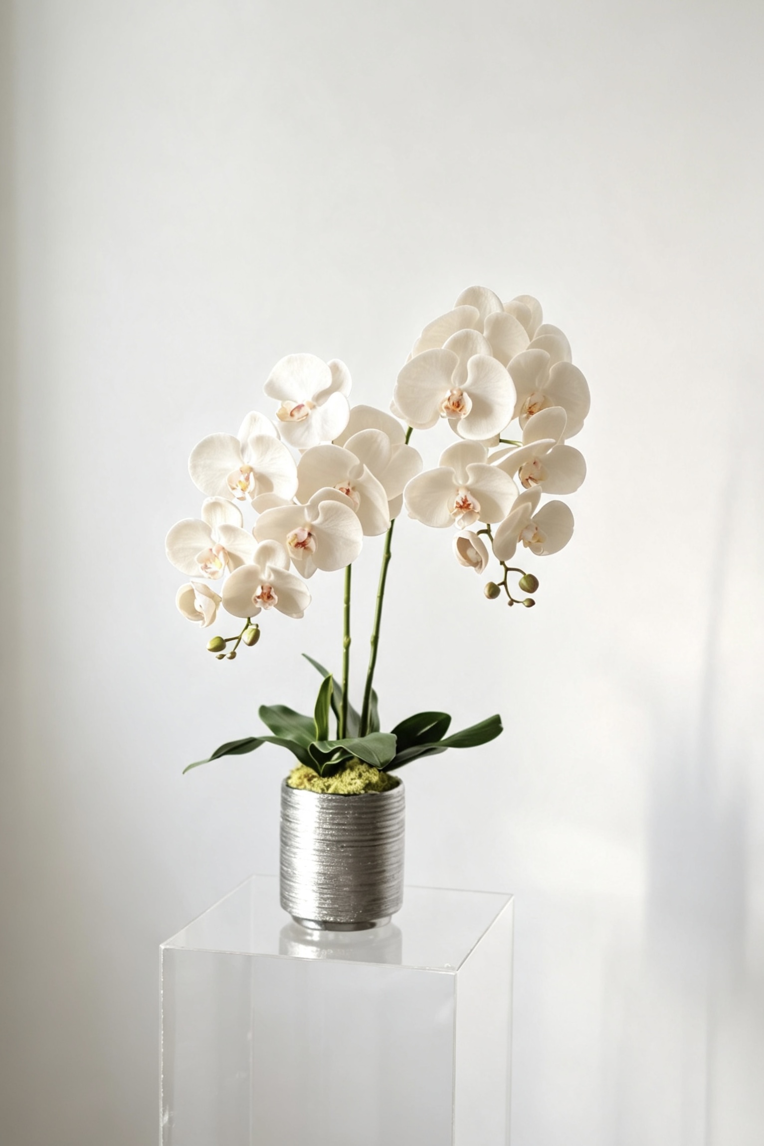 Luna ivory two-stem silk orchid arrangement in a silver ceramic pot