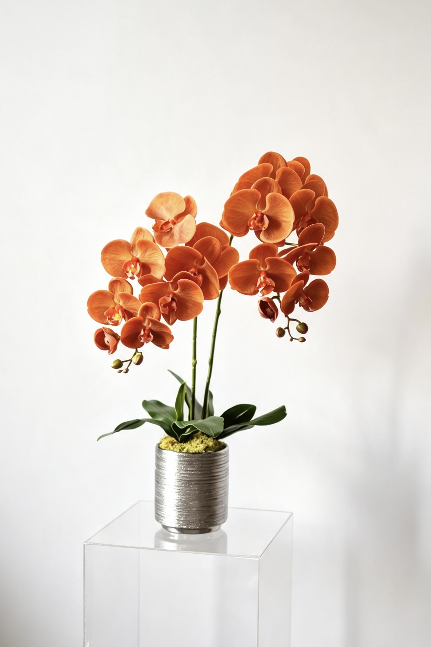 Luna orange two-stem silk orchid arrangement in a silver ceramic pot