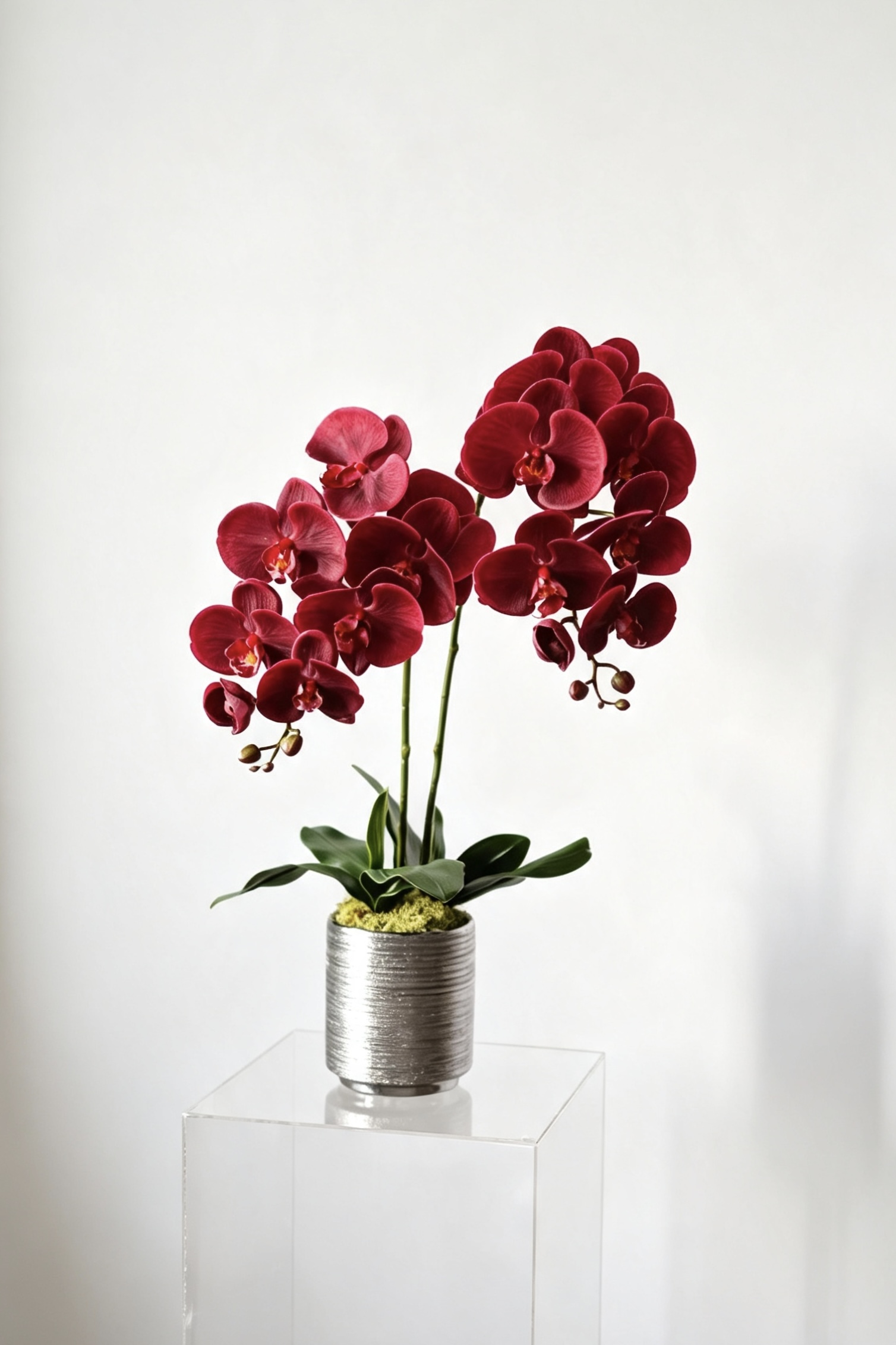 Luna red two-stem silk orchid arrangement in a silver ceramic pot