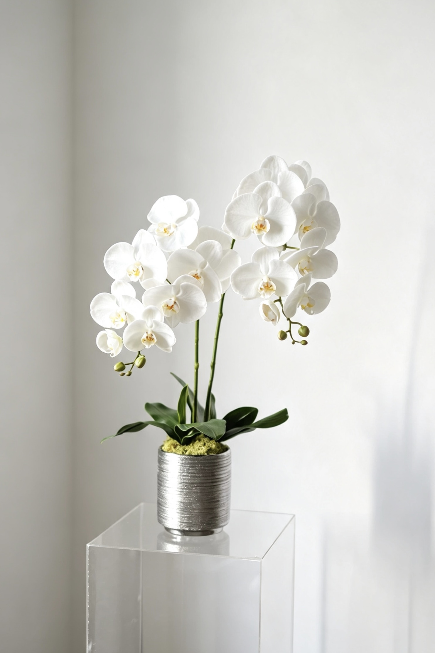 Luna white two-stem silk orchid arrangement in a silver ceramic pot