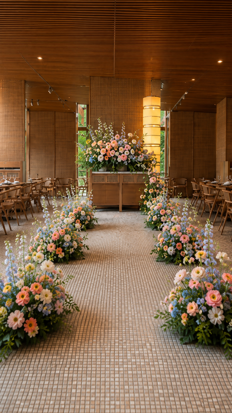 Pastel wedding ceremony aisle styling at Min Jiang Singapore