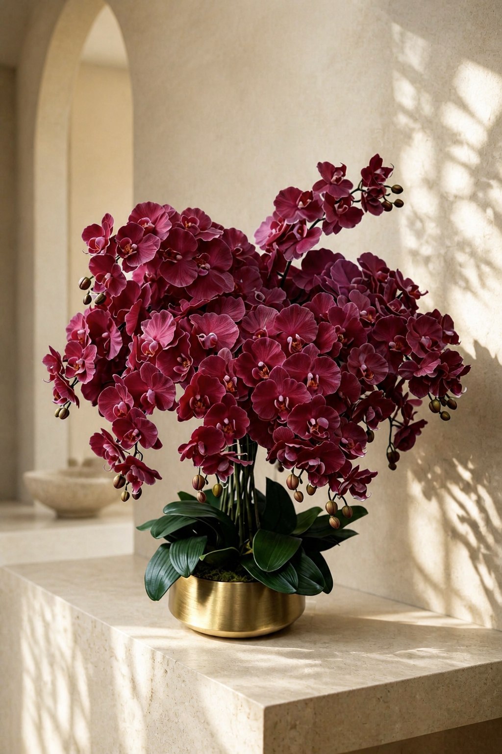 Aurelia sixteen-stem burgundy silk orchid arrangement in a warm interior
