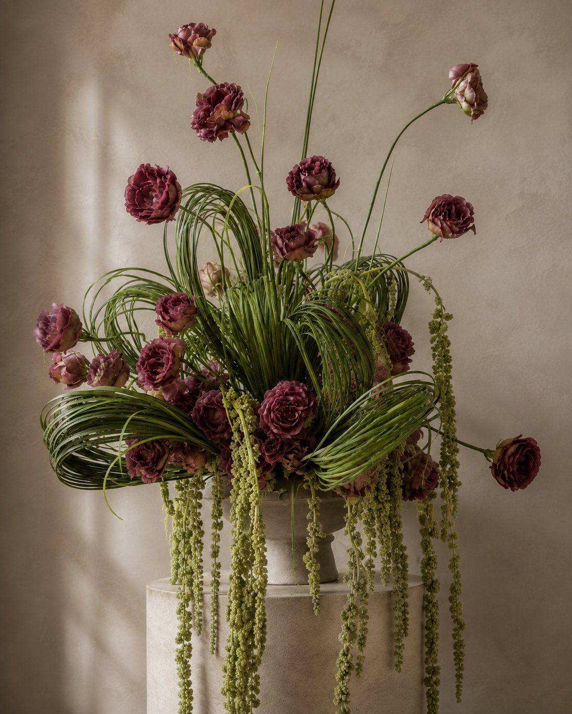 Large burgundy sculptural arrangement in a stone-toned vase