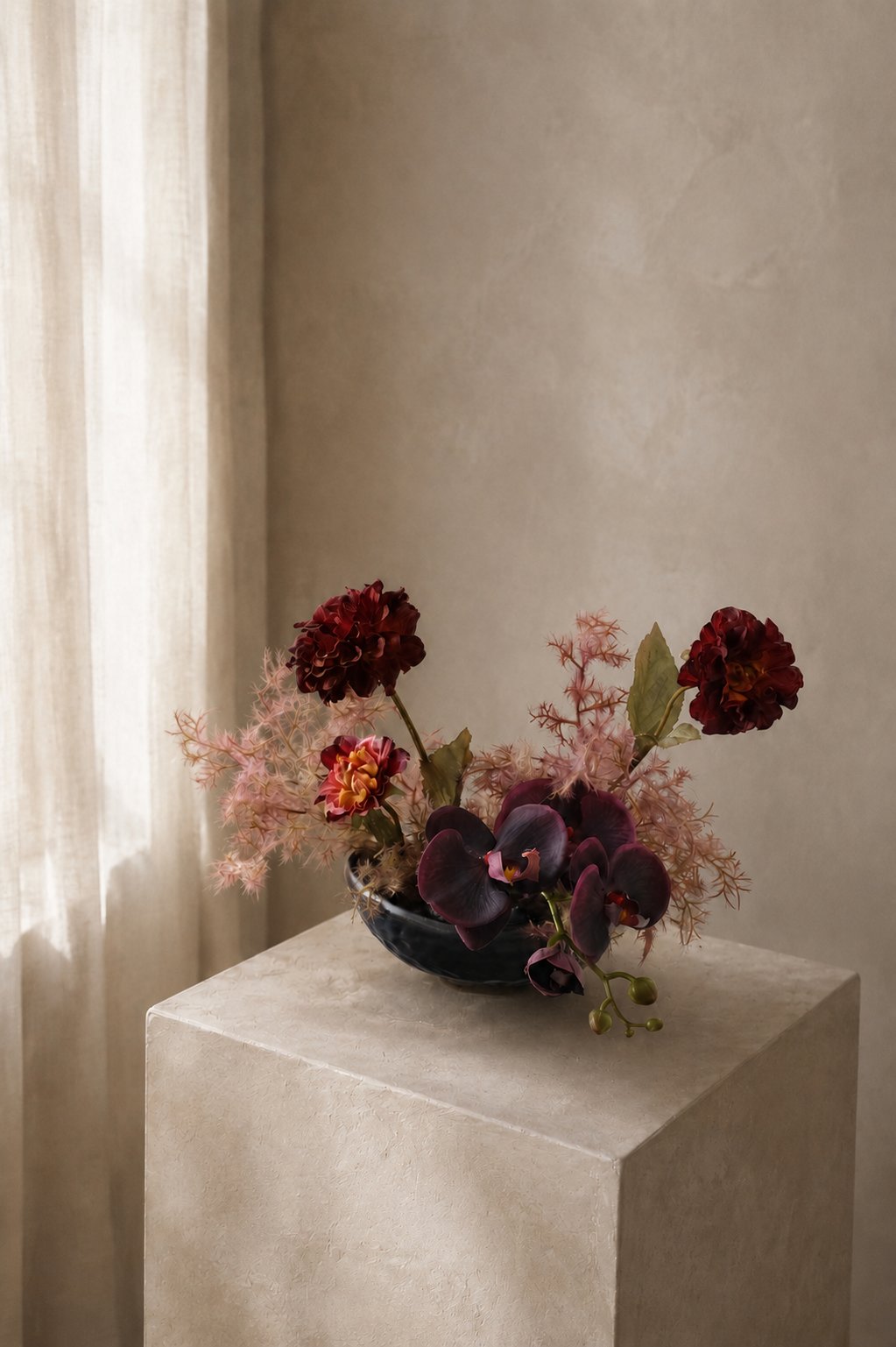 Burgundy and blush floral bowl styled in a warm neutral interior