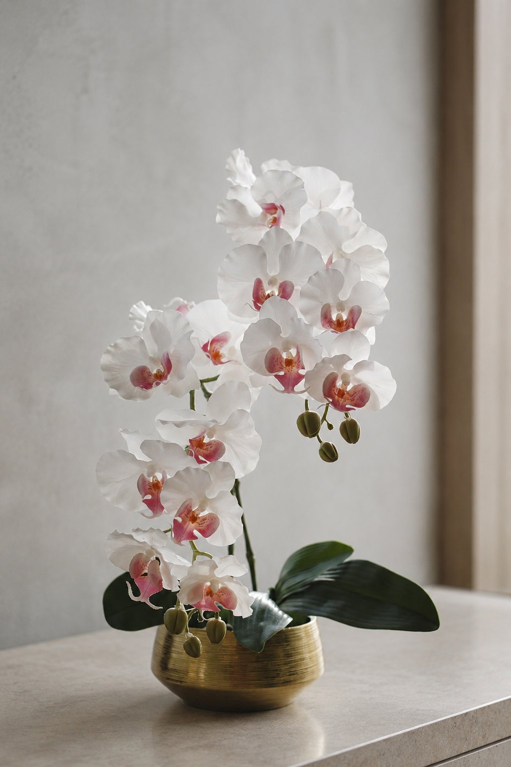 Compact ivory orchid arrangement in a brushed-gold bowl
