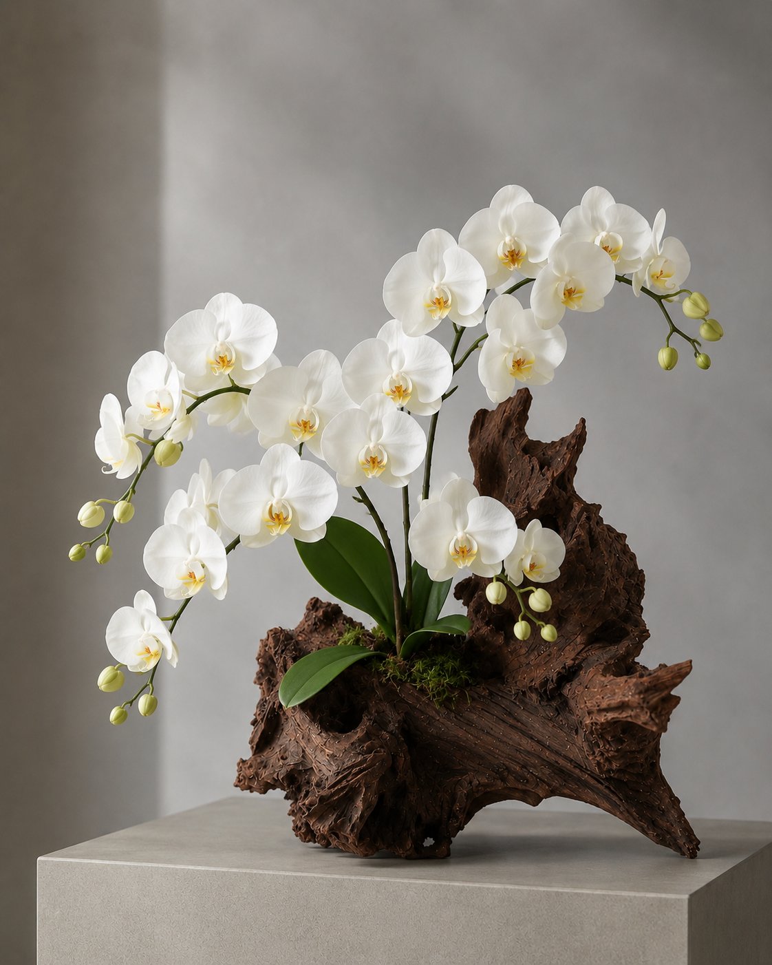 Ivory blossom and orchid arrangement composed with natural wood