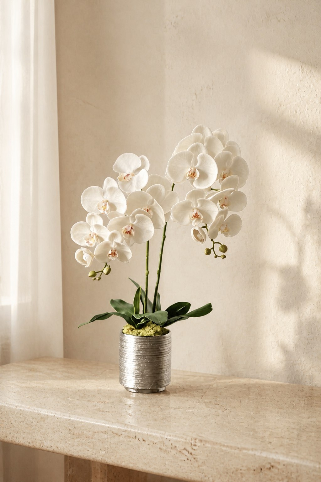 Luna two-stem ivory silk orchid arrangement in a warm Singapore interior