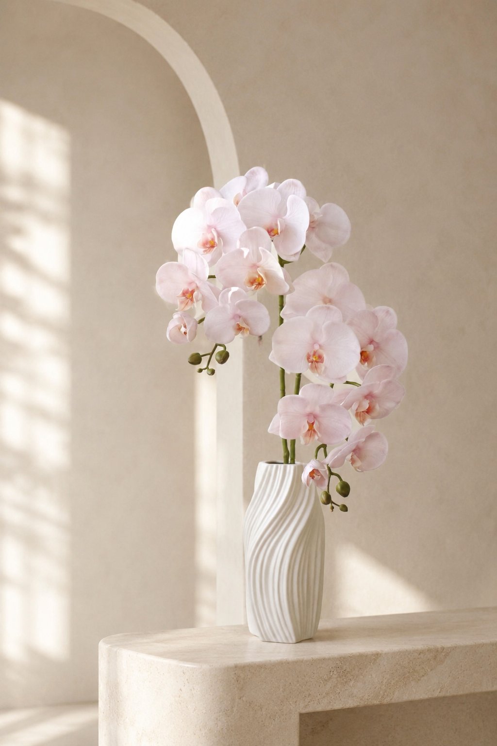 Soft blush orchid arrangement styled in a warm arched interior