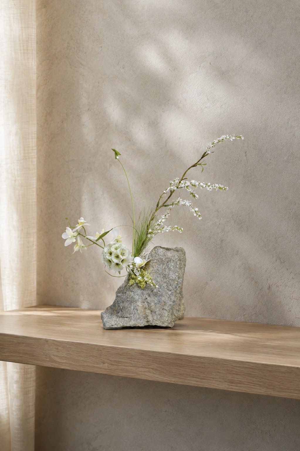 Minimal white floral arrangement in a natural stone vessel